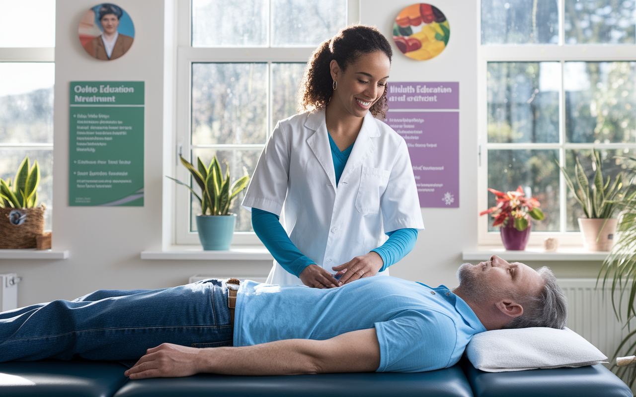 A dynamic scene of Dr. Emily, a young female DO of mixed descent, in her bright and inviting clinic. She's demonstrating Osteopathic Manipulative Treatment (OMT) to a patient, a middle-aged male, while health education materials on nutrition and exercise are displayed on the walls. The atmosphere conveys a sense of compassion and empowerment, with sunlight filtering through large windows, creating an uplifting feeling. Include subtle elements like plants and colorful artwork to enhance the holistic ambiance.