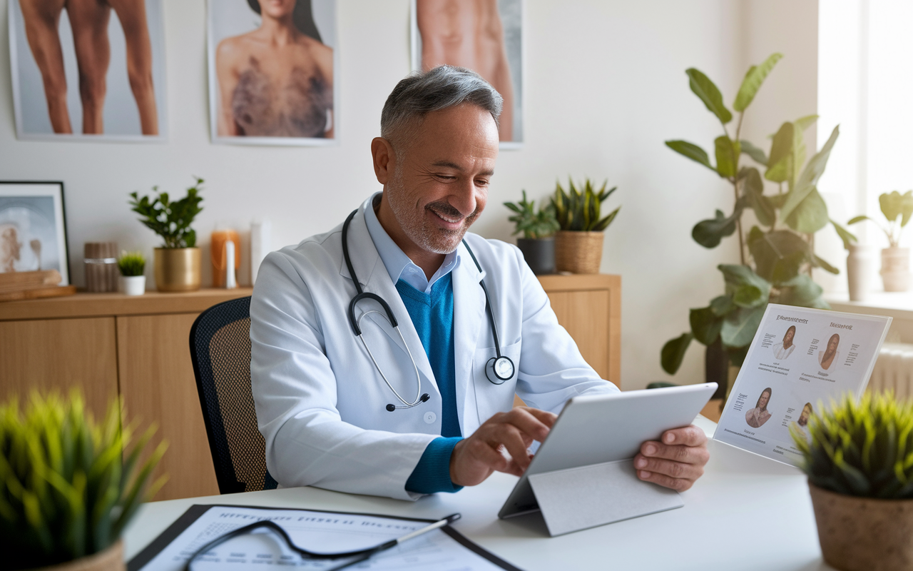 A comfortable telehealth office setting featuring Dr. Michael, a middle-aged male MD with a welcoming demeanor, seated at his desk with a digital tablet. He is engaging with a patient on the screen, while displaying charts of holistic health practices around him. The room is filled with natural light, plants, and personal touches, creating an environment that fosters trust and open communication. Capture the balance of technology and human connection in modern healthcare.