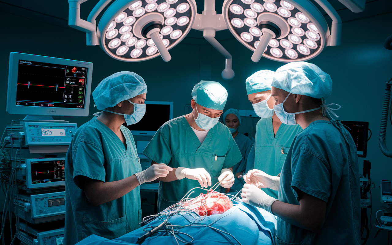 An internal medicine resident wearing scrubs is actively participating in a cardiology elective, observing a heart surgery from a sterile operating theater. Other medical professionals are in the background, focused on the procedure. Dramatic lighting highlights the surgical team's concentration, while monitors display vital signs. Capture the intensity and focus of the medical environment, illustrating the hands-on experience aspect.