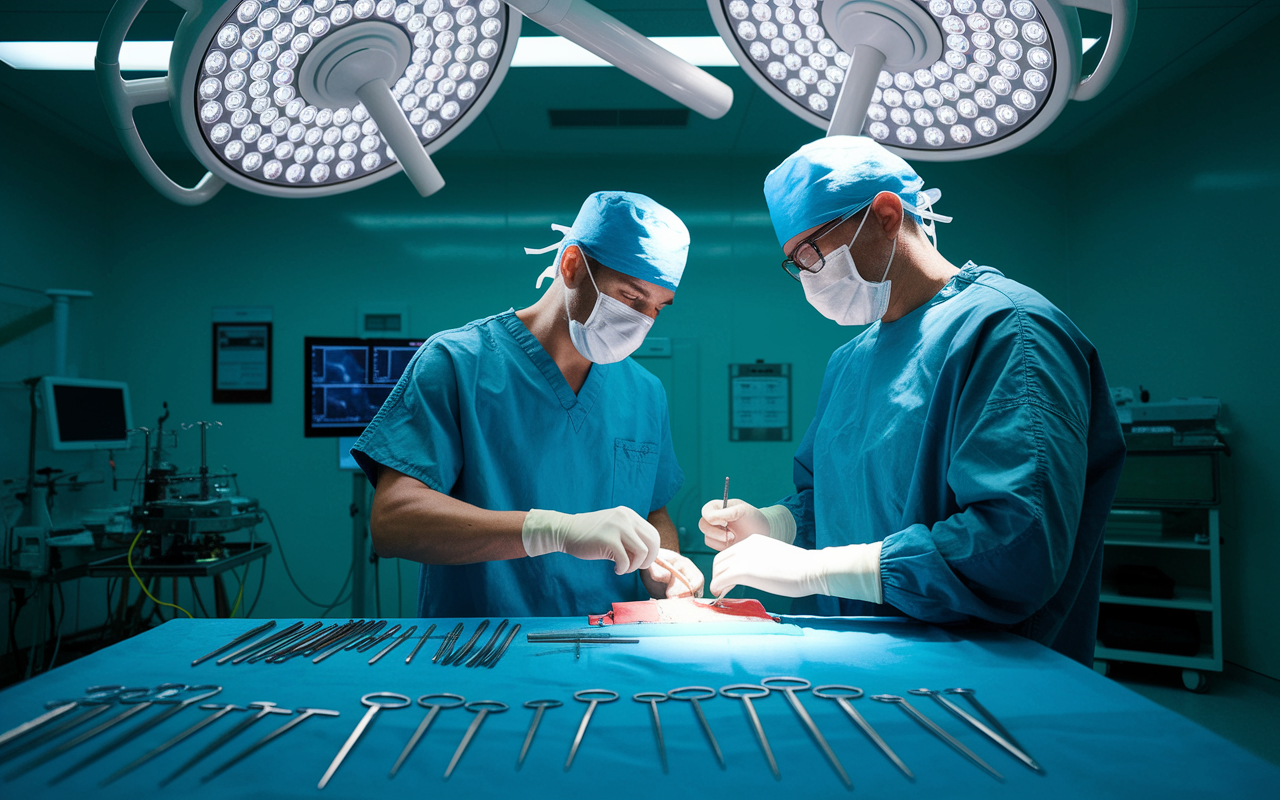 Aspiring surgical resident in scrubs, excitedly practicing surgical techniques under the watchful eye of an experienced mentor in a bright surgical training room. Various surgical instruments are neatly organized on the table. The setting is vibrant and full of energy, with clear focus on the resident's determination to learn. Dramatic overhead lights enhance the clarity and professionalism of the surgical environment.