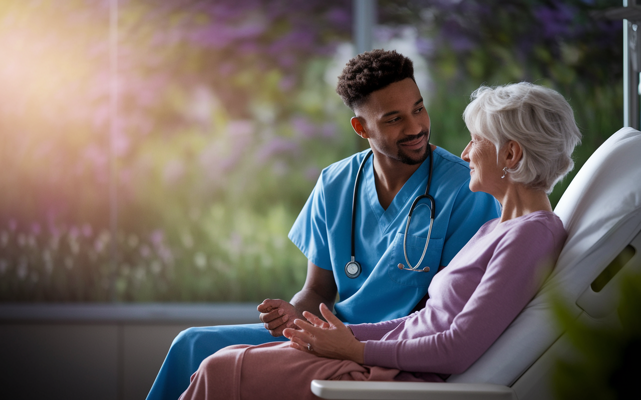 A reflective moment of a resident engaging in a palliative care elective, sitting with a patient in a serene hospital room, showing empathy and understanding. Warm soft lighting enhances the compassionate atmosphere, demonstrating the deep connections formed during patient care. The background is filled with soothing colors, illustrating the comfort of holistic medical practices.