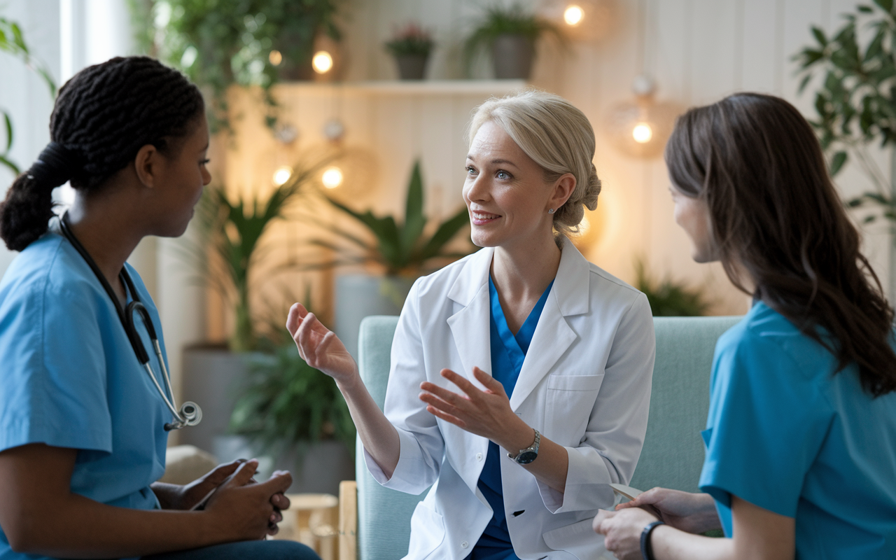 Dr. Jane Smith, in white coat, attentively discussing care strategies with a palliative care team in a gentle, welcoming hospital environment. The room is filled with plants and soft lighting, creating a nurturing atmosphere. Dr. Smith displays determination and joy, having found her true calling. Capture the essence of teamwork and dedication in palliative medicine.