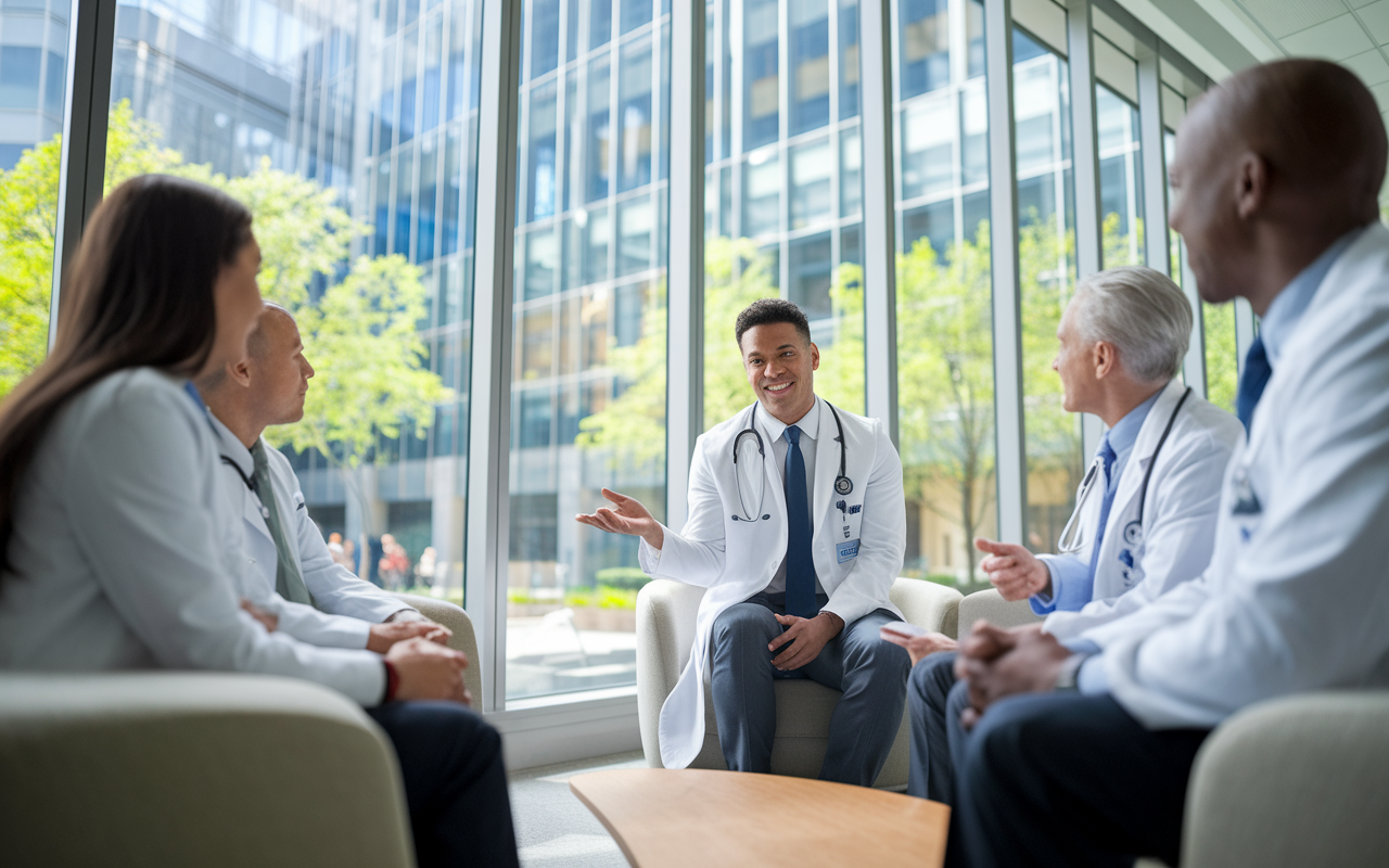 Dr. John Doe, a confident resident, engaged in a discussion with cardiology mentors in a modern hospital's lounge. Show the camaraderie and professional bonds being formed. The setting is bright and inviting, with large windows displaying a lively hospital courtyard, reflecting the busy yet inspirational environment of cardiology. Focus on the enthusiasm for collaboration and mentorship.