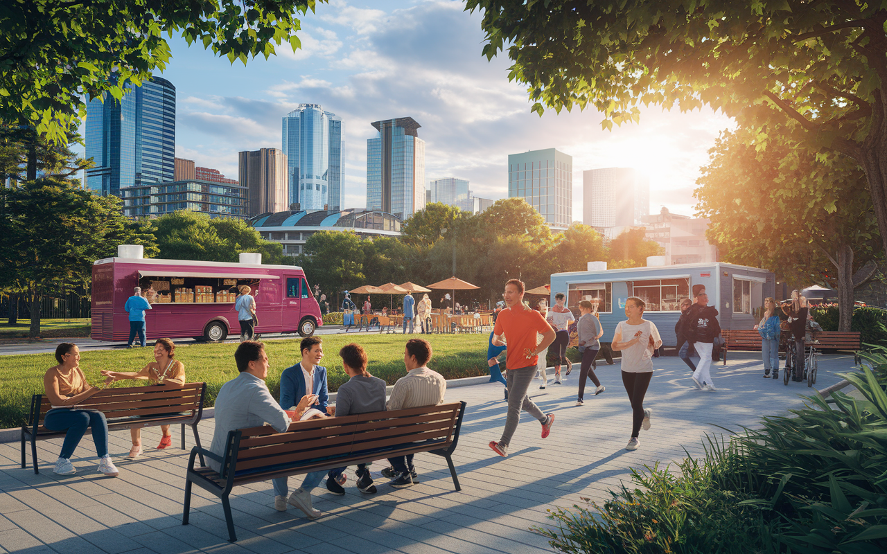 A vibrant cityscape showcasing a lively urban environment where medical residents enjoy their free time. Skyscrapers in the background with a park in the foreground filled with people socializing and jogging. Food trucks are present, and groups of diverse residents share laughter while relaxing on benches. The atmosphere is lively and dynamic, with warm sunlight filtering through the trees, creating a sense of community and vitality. Photorealistic style with rich colors.