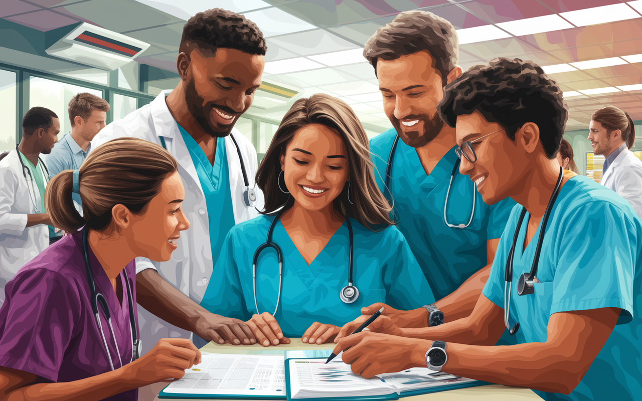 A collage of residents from different ethnic backgrounds working together in a hospital setting, collaboratively examining a patient chart. The scene shows individuals representing various cultures, smiles on their faces, and a deep focus on their task. Behind them, hospital staff can be seen engaged in their duties. The lighting is bright and clinical, reflecting a sense of teamwork and inclusivity. Vibrant color scheme, digital painting style.