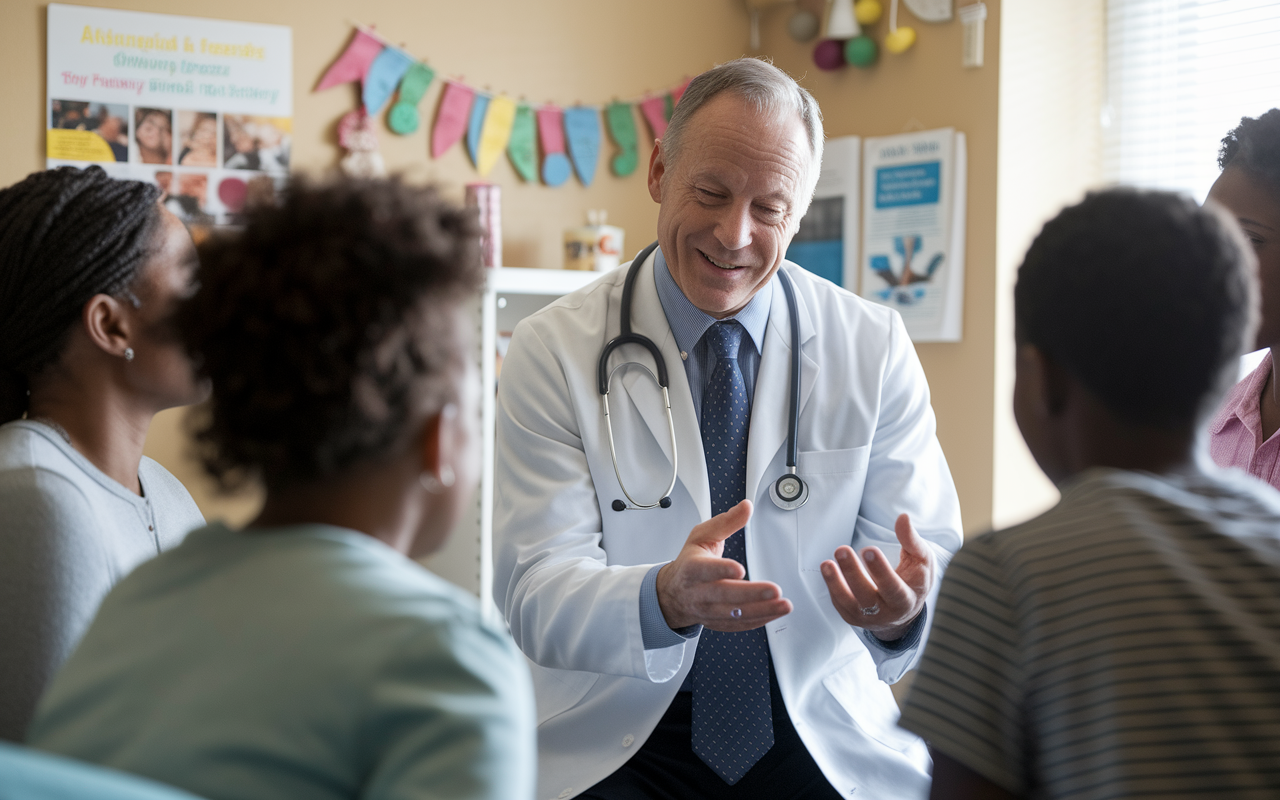 A compassionate family medicine physician, a middle-aged White male, engaged in a heartfelt discussion with a diverse group of patients in an exam room. The atmosphere is intimate and supportive, with a family-friendly environment adorned with cheerful decorations and educational materials about health. Natural light streams in from a nearby window, creating a sense of hope and care. The physician is actively listening, with a reassuring expression, and a stethoscope around his neck adds to the authenticity of the scene.