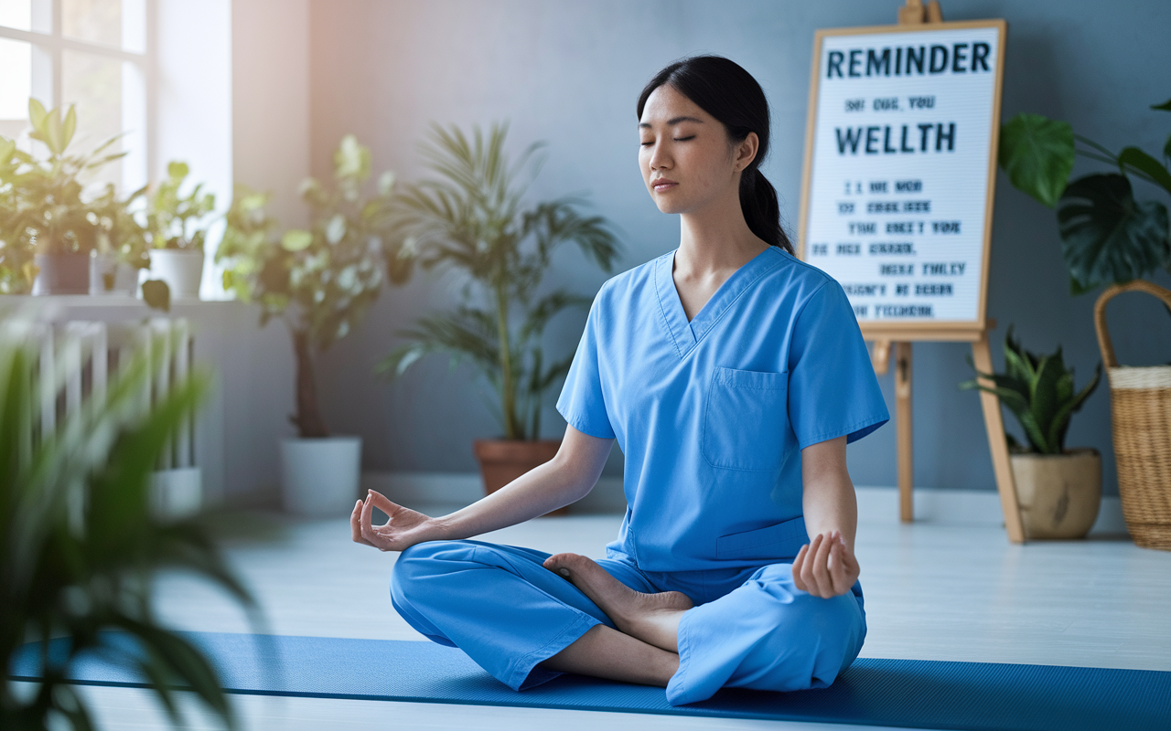 A serene scene of a family medicine resident, a young South Asian woman in scrubs, practicing yoga in a quiet, sunlit room filled with plants. The atmosphere is tranquil, emphasizing mindfulness and self-care, with calming colors and soft textures around. The resident is in a meditative pose, highlighting the importance of emotional wellness. In the background, a reminder board with motivational quotes and self-care tips can be seen, enhancing the focus on mental health.