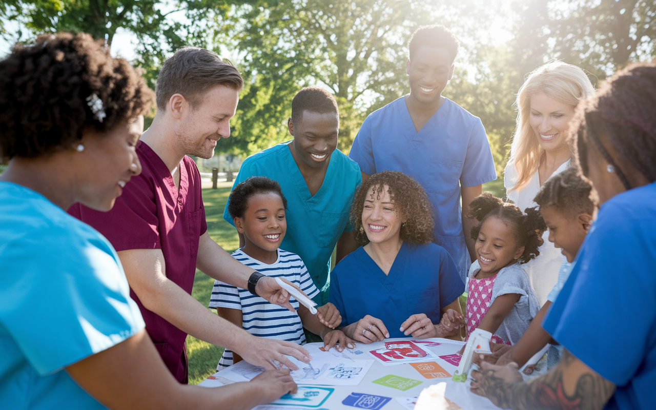 A group of diverse family medicine residents participating in a community health fair, warmly interacting with families in a park. Residents in colorful scrubs are providing health screenings and offering wellness tips, surrounded by children and parents laughing and learning. Colorful banners and engaging activities promote health education, creating a lively and positive atmosphere. The bright sunlight casts a warm glow, enhancing the spirit of community and service.