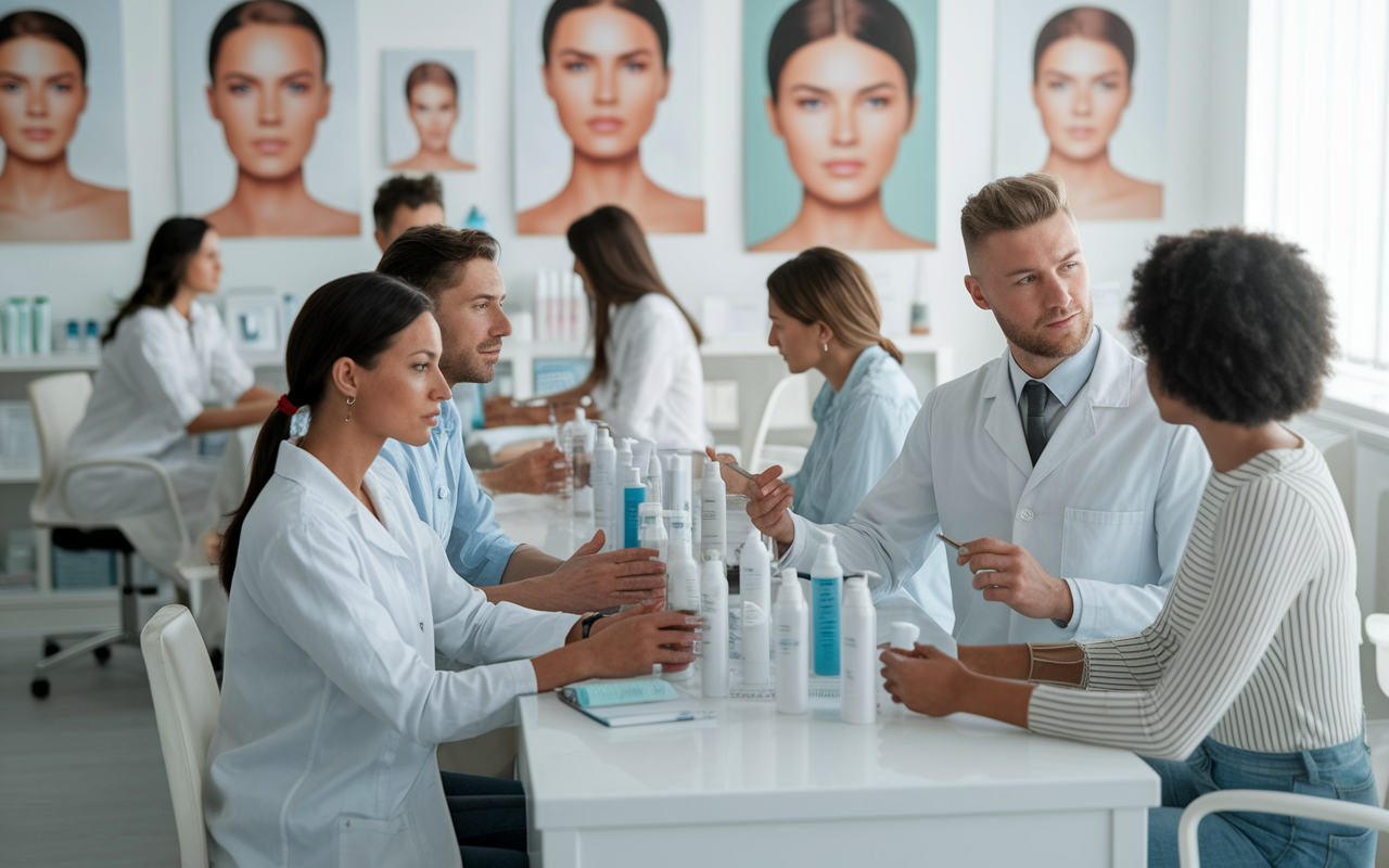 A serene and well-organized dermatology clinic with a diverse group of patients in bright, sunlit consultation rooms. A skilled dermatologist, wearing a white coat, is consulting with a patient, showcasing an array of skin care products in the background. The atmosphere is calm and professional, with various dermatology posters and models illustrating skin conditions, creating a sense of trust and expertise.