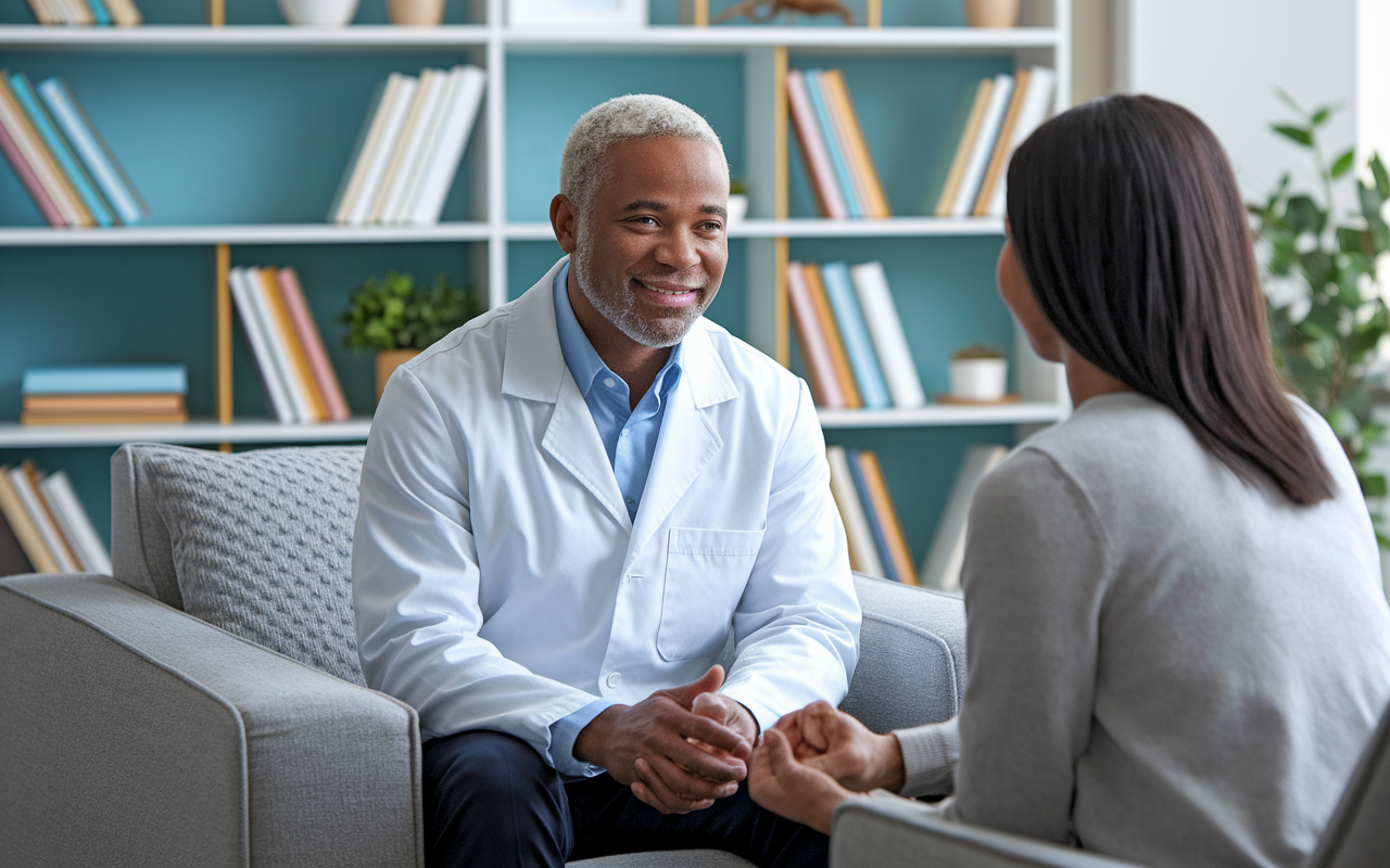 A compassionate psychiatrist in a cozy office setting is engaged in a therapeutic conversation with a patient. The room is filled with comfortable furniture, calming colors, and books related to mental health, emphasizing a safe space for dialogue. The Expressions of care and empathy are evident, highlighting the crucial role of psychiatry in patient well-being.