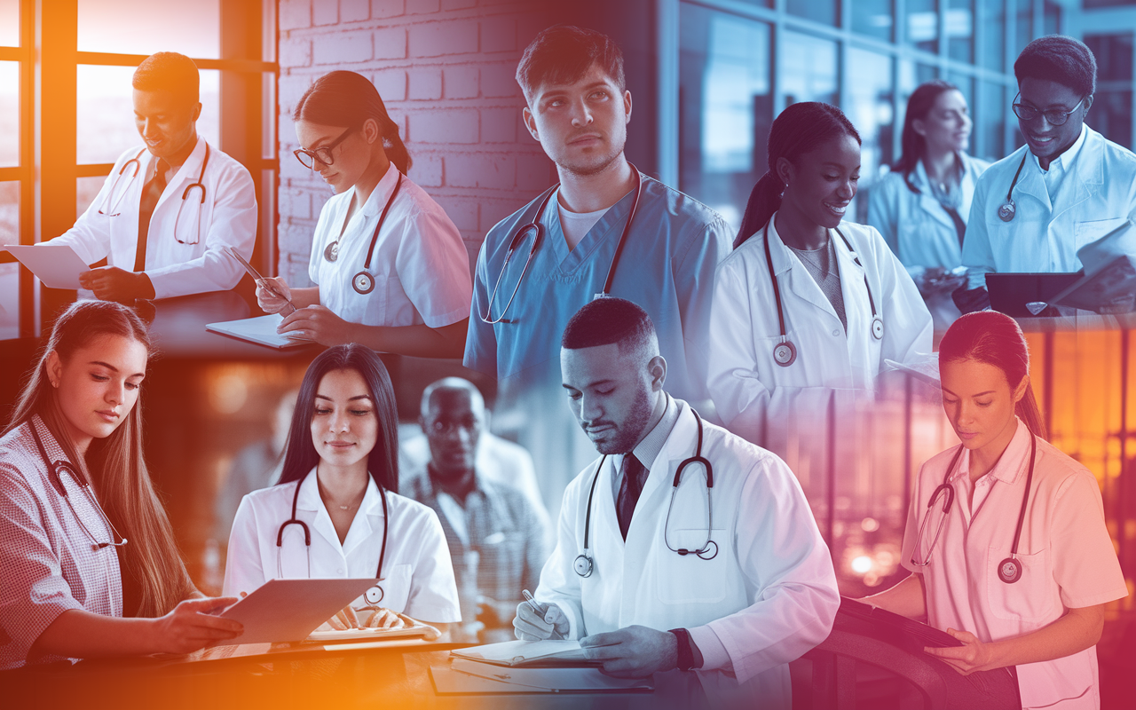 An inspiring montage of aspiring medical residents engaged in various activities—studying in groups, attending lectures, and actively participating in clinical rotations. The collage conveys a sense of dedication, hope, and the pursuit of excellence in the medical field, illuminated by a bright future. Warm colors and dynamic composition highlight the vibrancy and challenges of the medical profession.