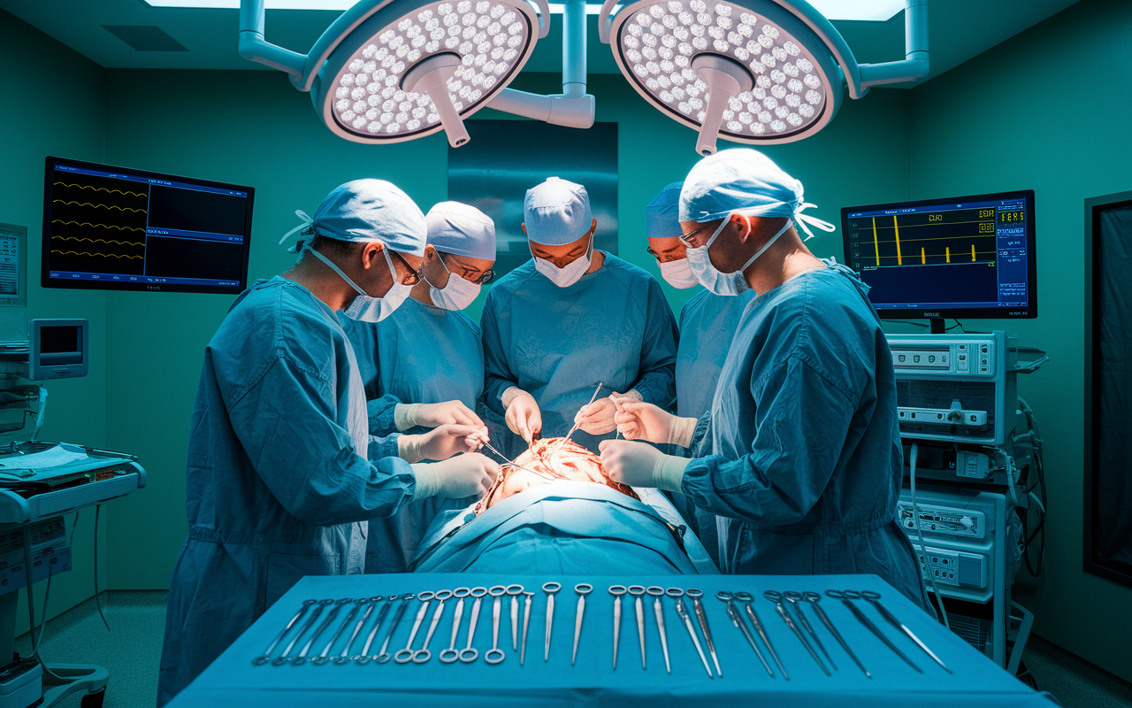 An orthopedic surgery room bustling with activity, featuring a diverse surgical team in scrubs performing a complex surgery on a patient under bright operating lights. The palpable tension and focus in the room emphasize the importance of precision and teamwork. Surgical instruments neatly arranged on a sterile tray, and monitors displaying vital signs create an atmosphere of high stakes and professionalism.