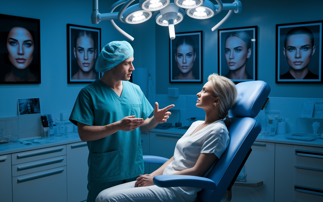 A dramatic and inspiring scene in a modern plastic surgery clinic, where a surgeon in scrubs is showing a patient pre-operative images on a sleek screen. The clinic is well-lit and sophisticated, showcasing aesthetic transformations through images hanging on the walls. The patient looks intrigued, revealing the emotional aspect of this surgical journey, blending art and science.