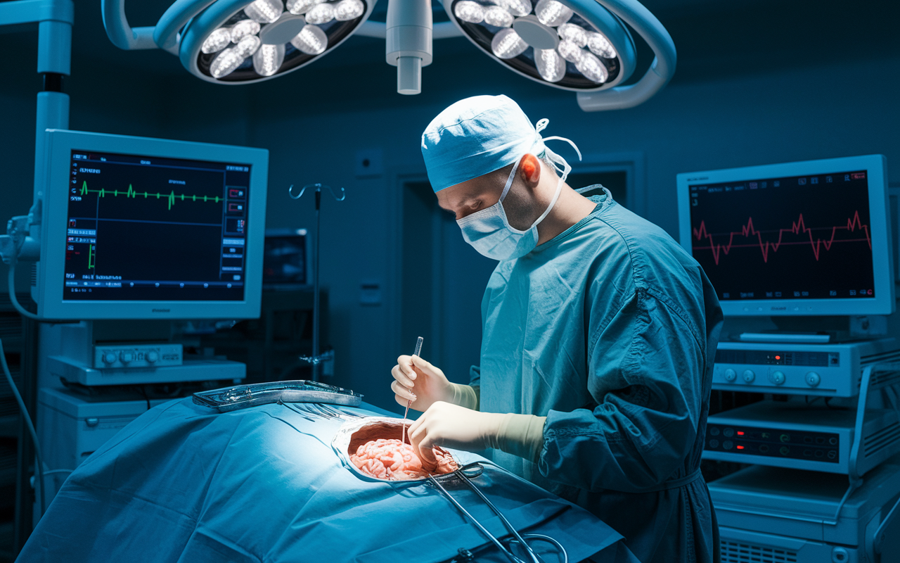 A neurosurgeon in a surgical theater, concentrating intently on a delicate brain surgery procedure. Surrounding the operating table are advanced surgical equipment and monitors displaying critical data. The room is bathed in cool, sterile light, amplifying the high-stakes nature of the operation. The surgeon's expression is one of determination and precision, reflecting the challenges of this specialized field.