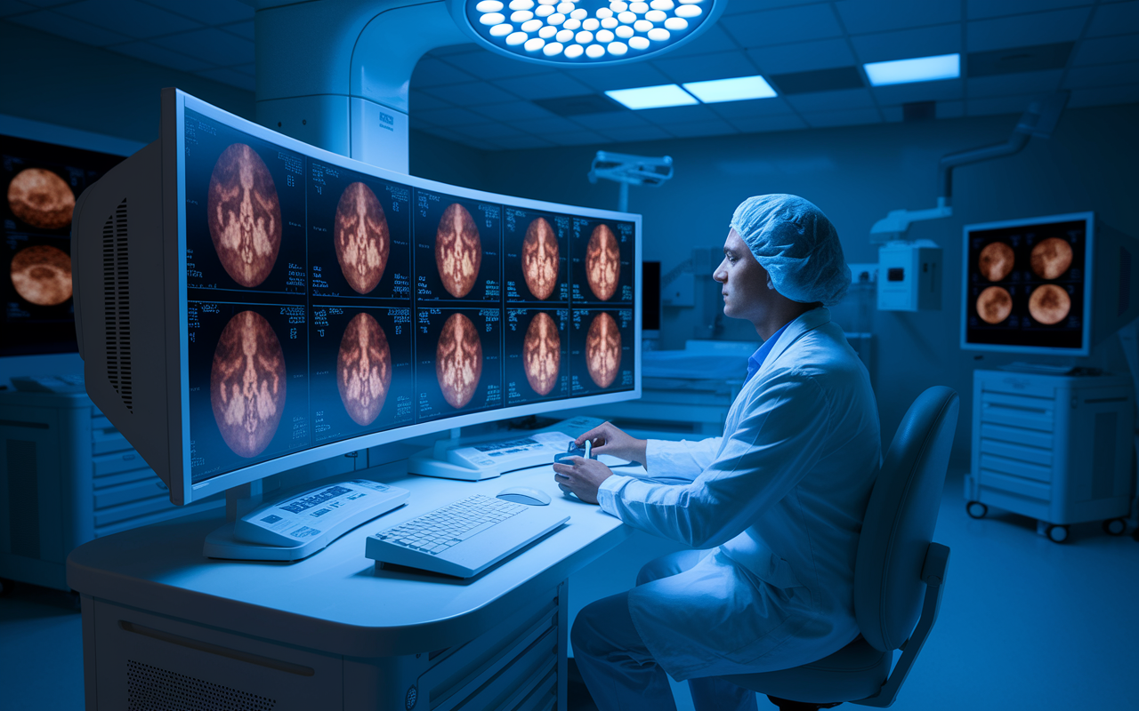 An advanced radiology suite featuring a radiologist analyzing a set of medical images on high-tech screens. The room is well-organized and filled with displays of imaging technologies, with dim lighting focusing on the monitors. The radiologist is intently interpreting data, highlighting the complexity and significance of diagnostic imaging in patient care.