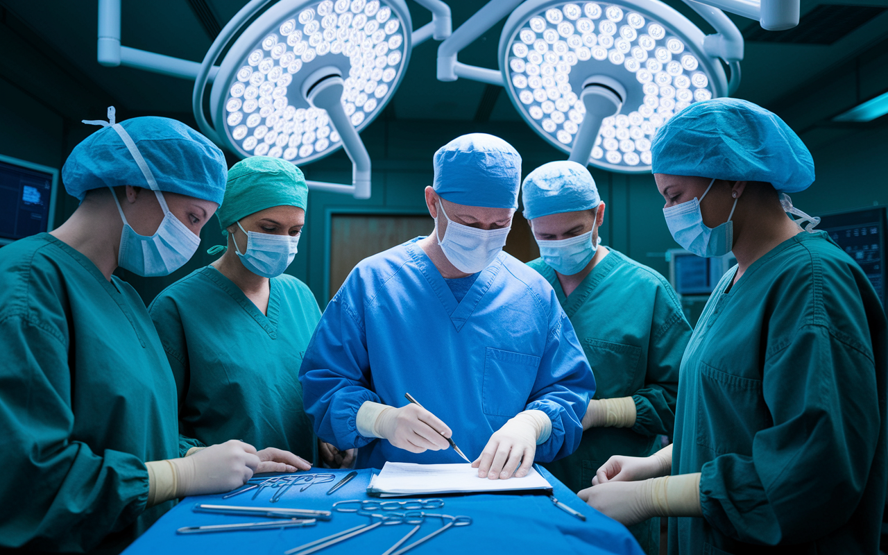 An anesthesiologist preparing for surgery in a bustling operating room, surrounded by a professional surgical team. They are intently reviewing the patient’s chart with a focused expression, while advanced anesthesia equipment is visible, reflecting precision and care. The bright surgical lights and instruments create a scene that captures the intensity and preparation required in anesthesiology.