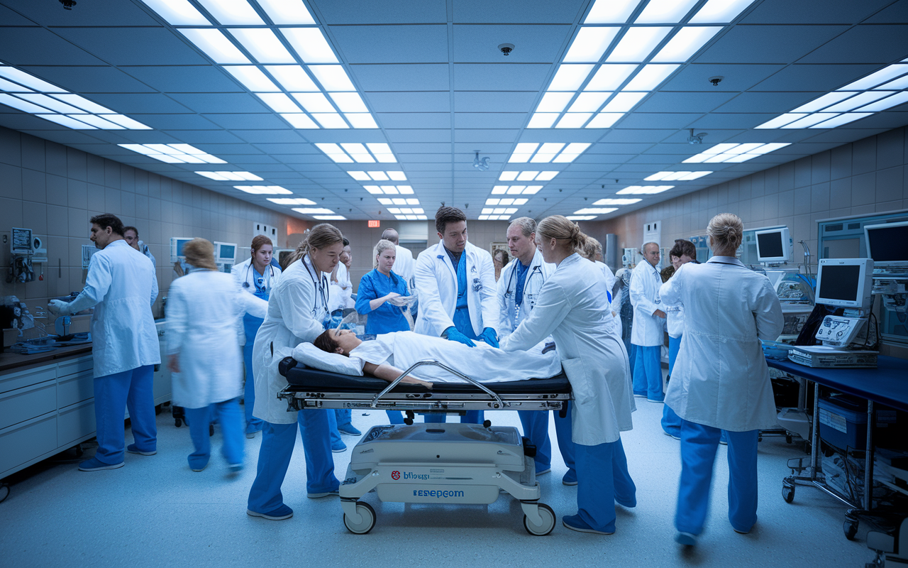 A fast-paced emergency room filled with healthcare professionals responding to a critical situation. The scene captures doctors and nurses efficiently coordinating to stabilize a patient on a gurney, showcasing urgency and teamwork. Bright overhead lights illuminate the chaotic yet organized environment, creating an impactful representation of the challenges in emergency medicine.