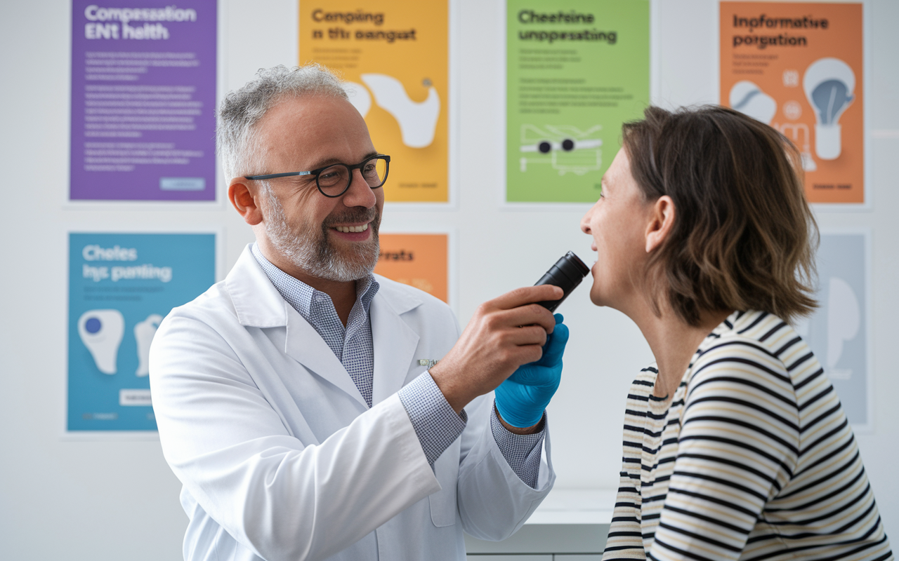 An otolaryngology clinic where a specialist is examining a patient's throat using an endoscope. The bright and cheerful environment is filled with informative posters about ENT health. The specialist showcases a blend of compassion and professionalism, engaged in conversation with the patient, promoting trust and understanding in the consultation.