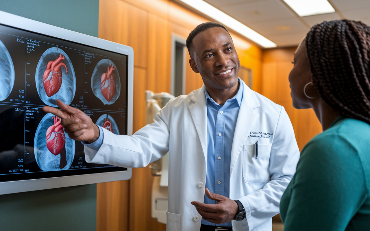 A cardiologist consulting a patient in a modern exam room, with heart health charts and technology present. The cardiologist is explaining imaging results on a digital display, emphasizing heart health's importance. The warm lighting and professional demeanor create a reassuring environment, capturing the essence of patient-centered care in cardiology.