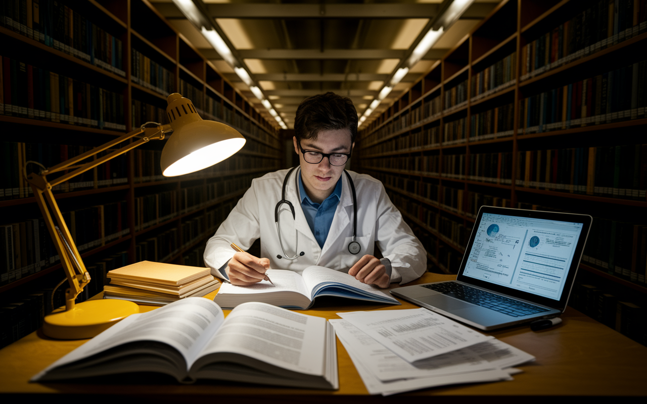 An intense scene of a medical student studying late at night in a dimly lit library. The student has open textbooks, a laptop showing medical charts, and notes scattered around. A desk lamp emits a warm yellow light, casting soft shadows. The student, with glasses and a focused expression, is highlighted by the light, surrounded by tall bookshelves filled with medical literature, embodying the dedication to academic excellence.