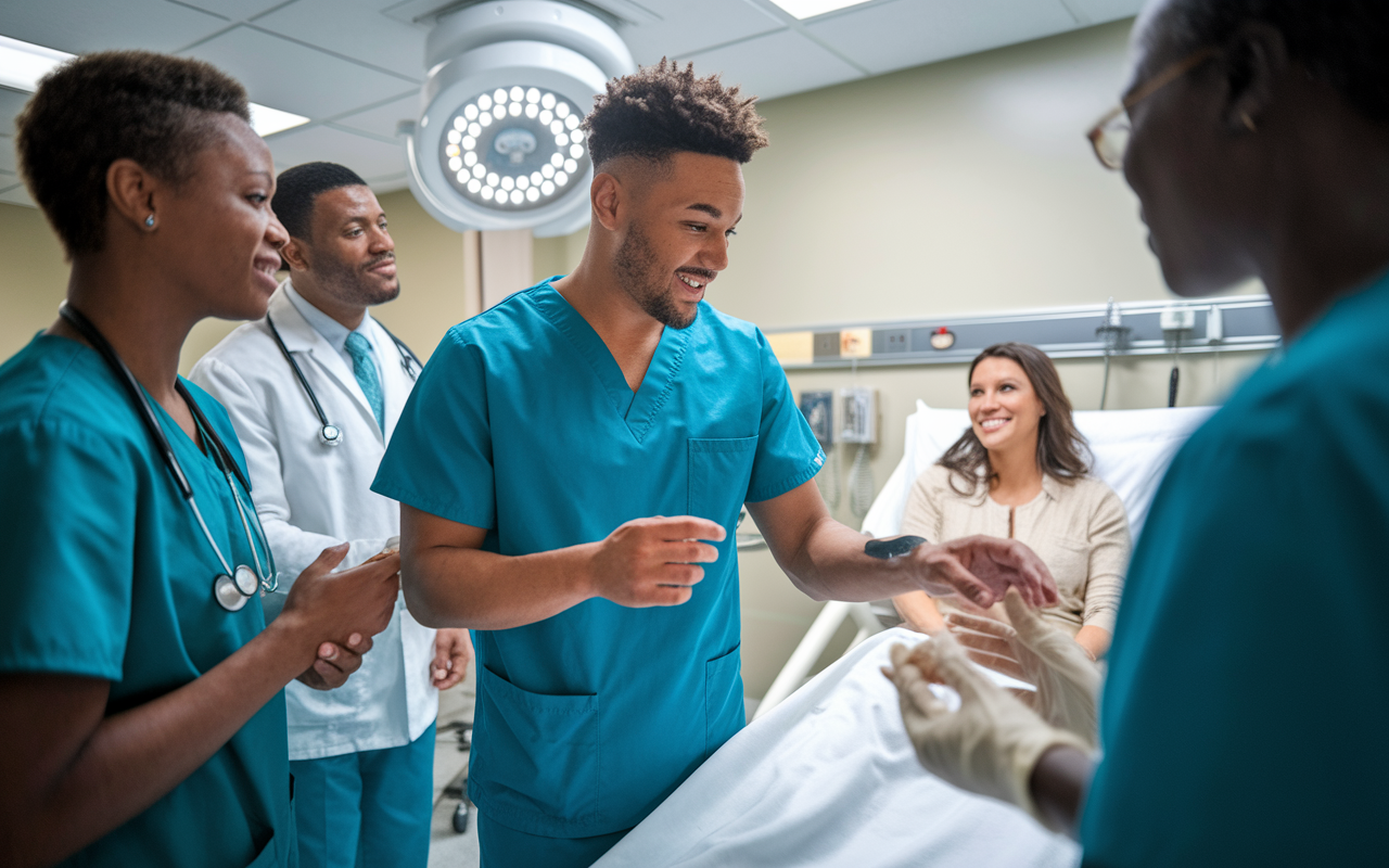 A medical student in scrubs during a busy clinical rotation, actively participating in a patient examination in a hospital room. Bright, clinical lighting enhances the scene, showcasing the excitement and intensity of hands-on learning. The student, engaged and asking questions, is surrounded by a diverse medical team while an attentive patient sits on the examination bed, emphasizing the importance of practical experiences in medical training.