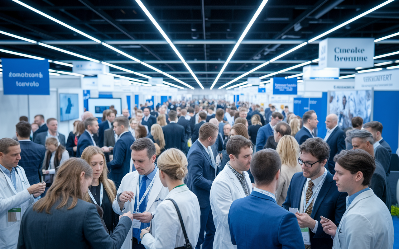 A vibrant scene depicting attendees at a busy medical conference, with a bustling exhibition hall filled with booths and banners of different specialties. A diverse group of medical professionals is engaged in conversations, exchanging business cards, and sharing insights. Bright overhead lights create an energizing atmosphere, highlighting the importance of networking and collaboration within the medical community.