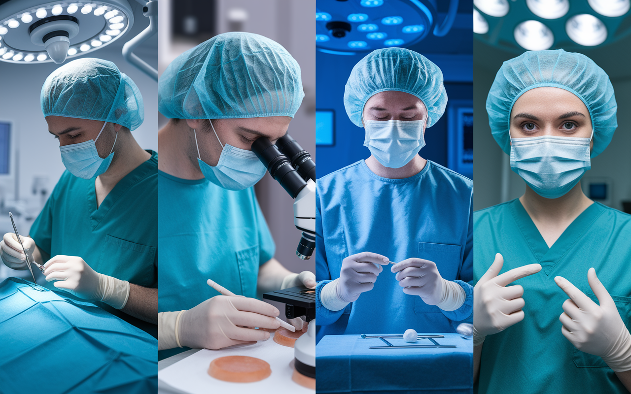 A visually engaging collage featuring images representing various competitive medical specialties: a surgeon in scrubs performing an orthopedic procedure, a dermatologist examining skin samples under a microscope, a neurosurgeon in an operating room with advanced equipment, and a plastic surgeon showcasing before and after surgery results. The background transitions smoothly between scenes, highlighting the diversity and intensity of each specialty. Soft lighting emphasizes the professionalism and dedication required in these fields.