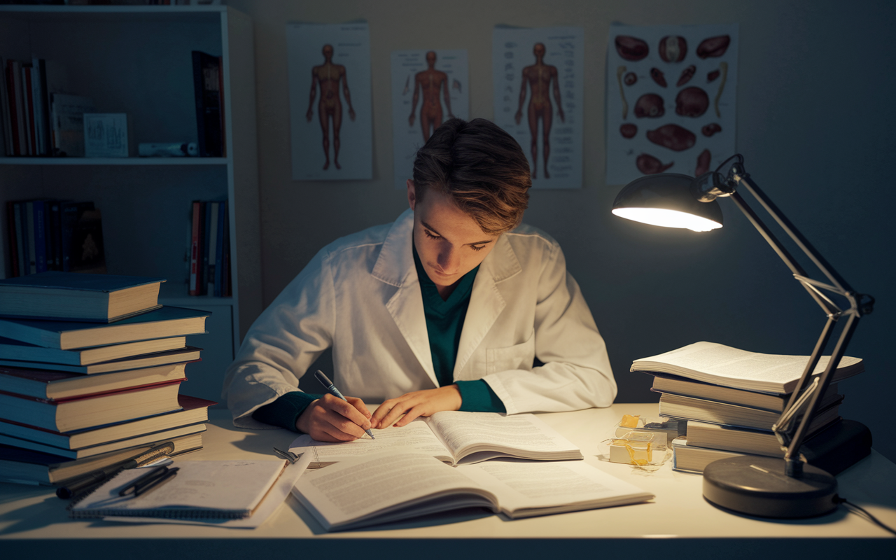 A dedicated medical student studying alone in a dimly lit room at night, surrounded by textbooks and notes spread out on a desk. There are anatomical models and diagrams on the walls, and a focused expression on the student's face as they highlight their notes. A desk lamp casts a warm glow, illuminating the determination and hard work needed to excel in medical exams. The atmosphere conveys a sense of both pressure and ambition.