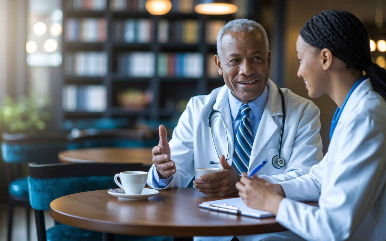 An aspiring medical resident discussing career aspirations with an experienced mentor in a cozy cafe setting. The mentor, an older physician with a warm demeanor, is sharing insights while holding a coffee. The younger student listens intently, taking notes on a notebook. The ambiance is welcoming, with soft lighting and bookshelves in the background, conveying an atmosphere of guidance and support within the medical community.