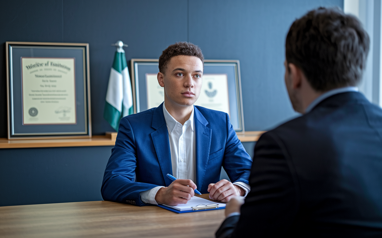 A medical student practicing interview techniques in a formal setting, dressed in professional attire. They sit across from a mentor or faculty member conducting a mock interview, with a notepad and pen ready. The background contains a framed medical degree and training certifications, symbolizing the high stakes of the residency match process. The atmosphere is serious yet encouraging, highlighting the preparation required for successful interviews.