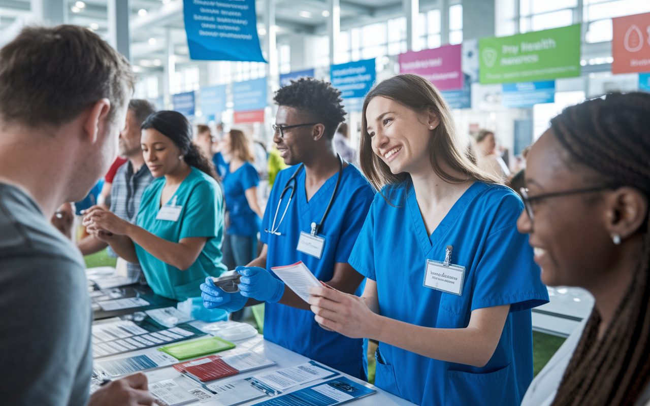 A vibrant scene of medical students engaging in volunteer work at a health fair, offering health checks and information. They wear scrubs and name tags while interacting with community members, displaying a commitment to public health. The environment is dynamic, filled with banners and resources about health awareness. Natural light illuminates the scene, emphasizing the joy of giving back to the community.