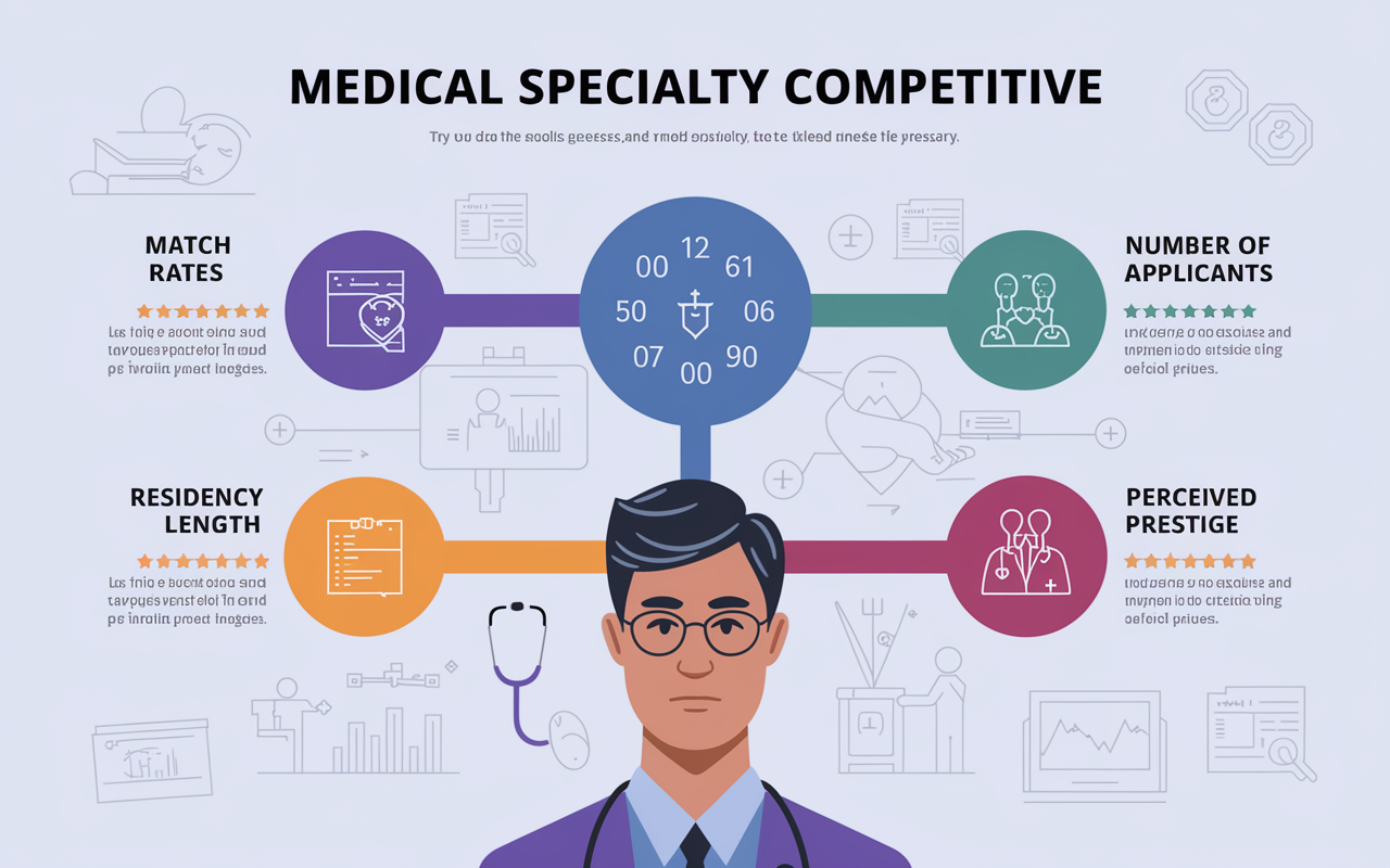 A visually engaging infographic featuring key factors that make a medical specialty competitive: Match Rates, Number of Applicants, Residency Length, and Perceived Prestige. Each factor is represented with appealing icons and colors, with concise explanations. The background is subtly designed with elements of the medical field like stethoscopes and charts, creating a sense of professionalism and seriousness.