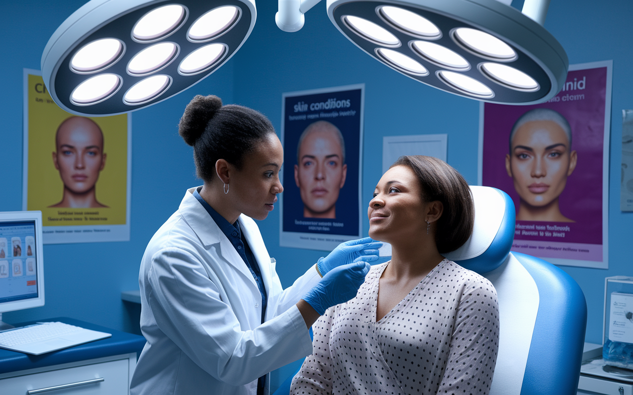 A dynamic clinic scene featuring a dermatologist examining a patient's skin under bright, clinical lights. The dermatologist, a diverse professional in a lab coat, is attentively listening to the patient, who looks relieved and engaged. Surrounding them are vivid posters of skin conditions and a sterile examination room setup, showcasing the balance between medical care and patient comfort.