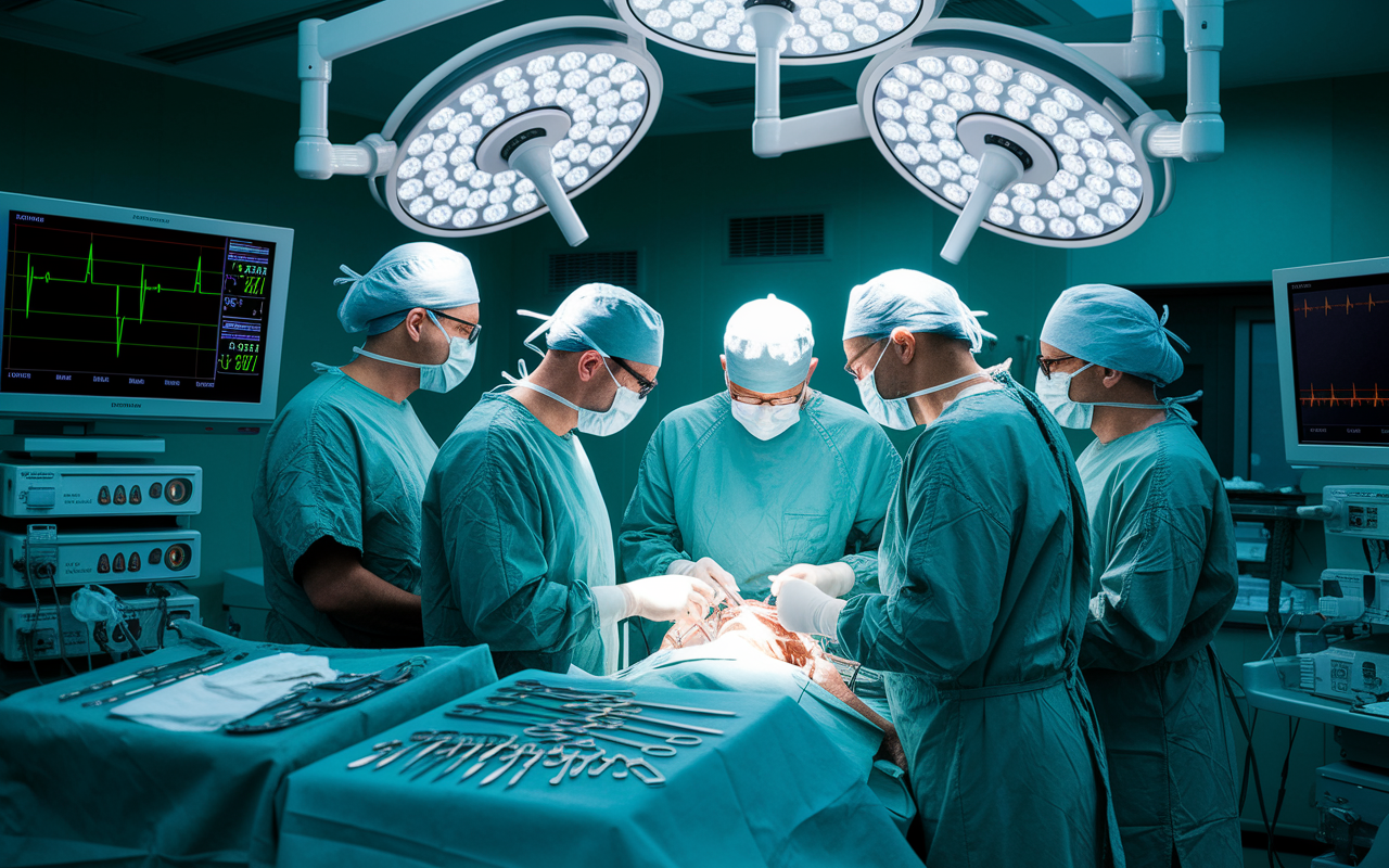 A bustling surgical room during an orthopedic operation, showcasing a team of surgeons in scrubs focused on a patient undergoing surgery. The room is brightly illuminated with surgical lights, instruments glimmering on the sterile table, and screens displaying the patient's vital signs. The atmosphere conveys dedication and precision, emphasizing the high-stakes nature of orthopedic surgery.