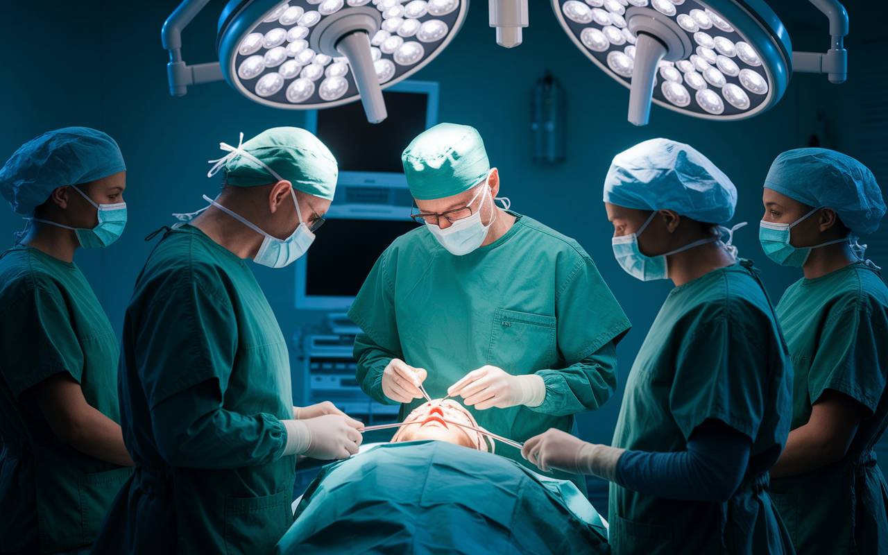 A tense yet focused neurosurgery scene where a neurosurgeon, in green scrubs and mask, operates on a patient with a detailed display of instruments and monitors in the foreground. The surgical team is engaged, showcasing intense concentration, while the patient is covered in sterile drapes. Dimmed ambient lighting and bright surgical lights create a dramatic effect, highlighting the seriousness of the procedure.