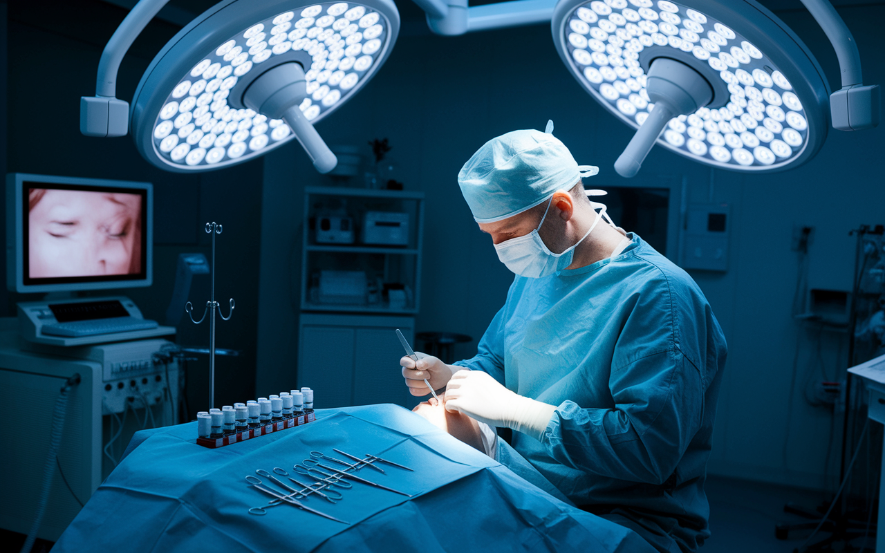 A plastic surgeon in a modern operating room skillfully performing a cosmetic procedure, surrounded by high-tech equipment. The surgeon is focused and methodical, with eye-catching tools and vials arranged neatly. Bright, white lights illuminate the scene, drawing attention to the delicate nature of the procedure. The atmosphere feels professional and transformative.