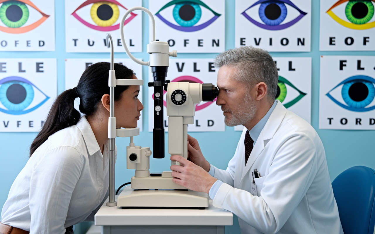 An eye examination room, with an ophthalmologist performing a thorough eye check on a patient. The doctor, focused and compassionate, uses advanced equipment like a slit lamp. The background is filled with colorful charts of the eye and vision diagrams, creating a learning environment rich in educational materials. Soft, inviting lighting enhances the reassuring atmosphere.