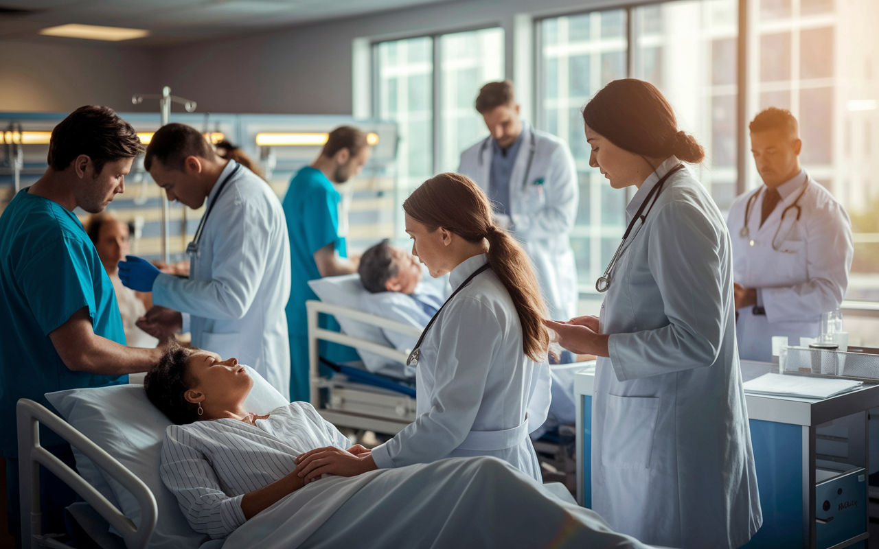 A medical student in a white coat participating in a clinical rotation, interacting with patients and healthcare professionals. The scene is set at a busy hospital ward with doctors and nurses attending to various patients, conveying teamwork and a sense of urgency. Warm daylight streams in through the windows, highlighting the dedication and hard work required in the clinical environment.