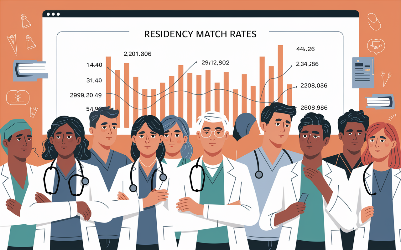 An infographic-style scene depicting the statistics of residency match rates, featuring visually striking graphs and charts. In the foreground, a diverse group of medical students, some looking anxious while others appear optimistic, gather around a large digital display board showing fluctuating match rates for various specialties. Subtle elements like medical symbols and books reinforce the theme of competition and aspiration in medicine. A warm, engaging color palette enhances the atmosphere.