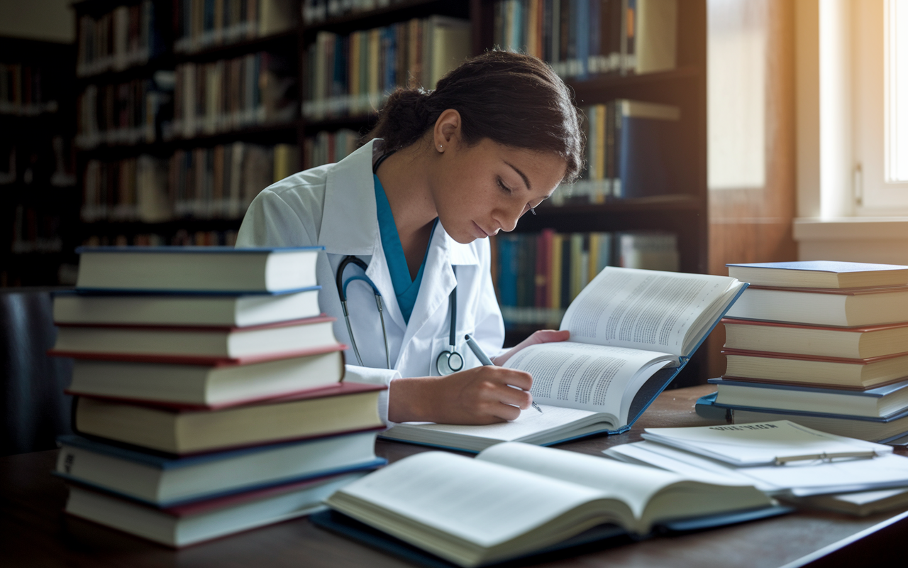 A determined medical student in a library, surrounded by textbooks and research papers, immersed in study. The student, with a focused expression, jots notes while referencing an open guide on residency requirements. Soft, natural light streams in from a nearby window, illuminating the desk cluttered with resources, creating a sense of earnest ambition. The scene conveys hard work, planning, and a thirst for knowledge.