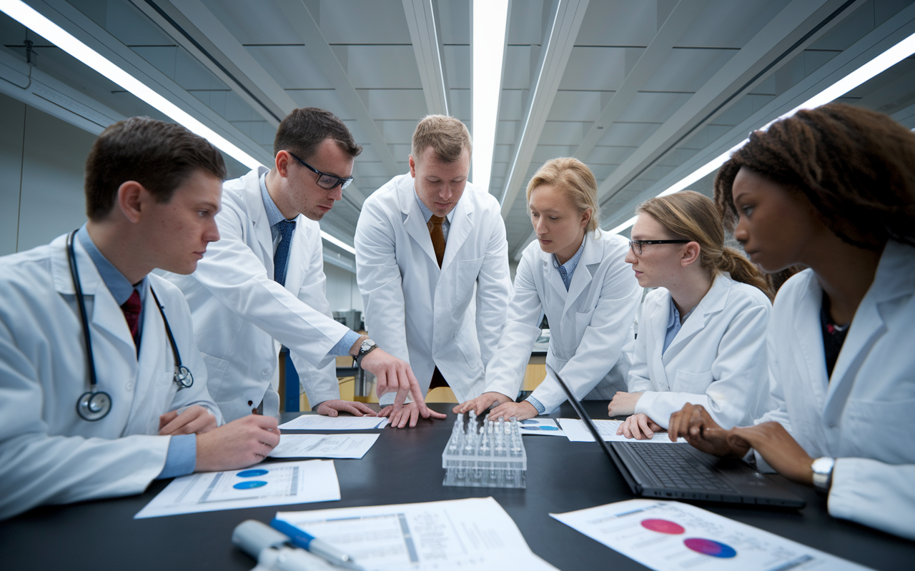 A group of medical students and a mentor gathered around a laboratory table, engaged in active research discussions. The lab is filled with scientific equipment and research papers across the table. One student points out data on a laptop screen while others take notes, illustrating teamwork and collaboration in research. Bright fluorescent lights highlight the determined expressions of the students, expressing curiosity and dedication.