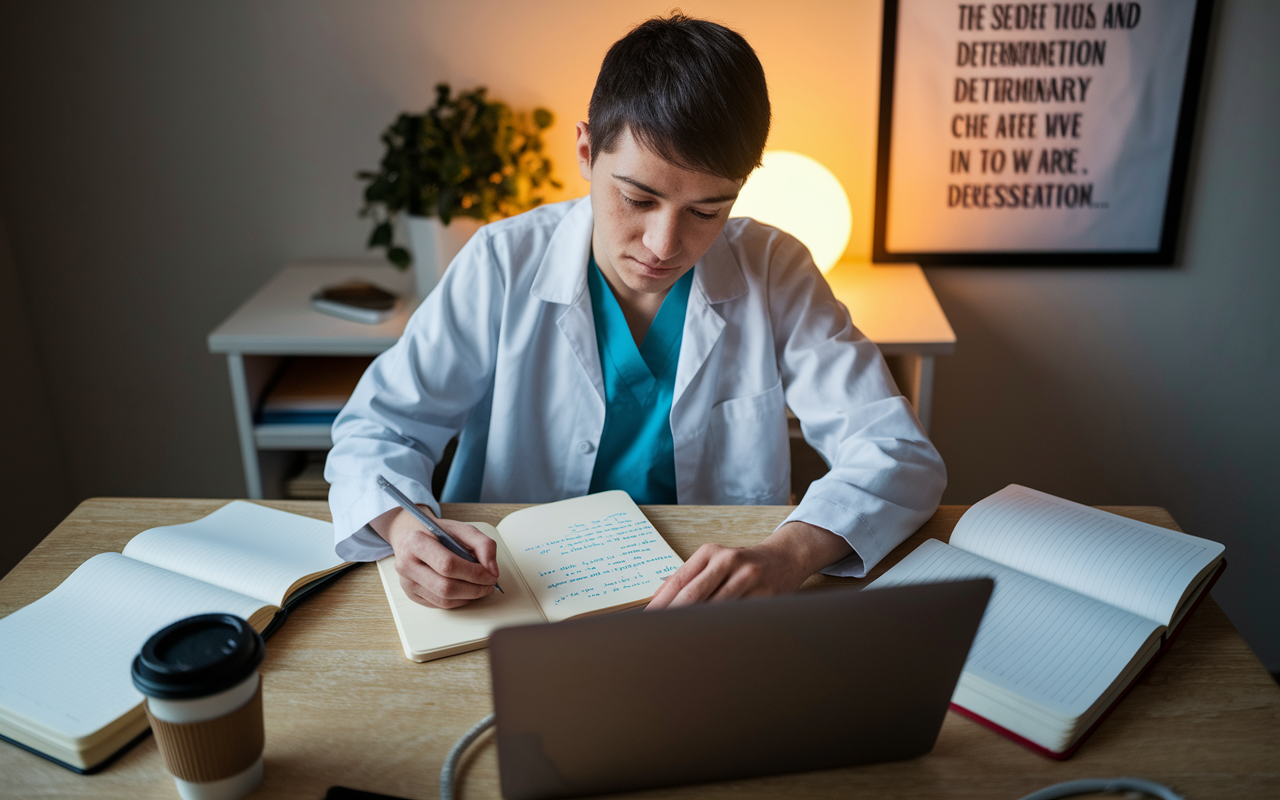 A medical student sitting at a cozy desk, deeply focused on writing their personal statement on a laptop. Surrounding the student are open notebooks filled with notes and personal reflections. A coffee cup sits nearby, partially filled, and a motivational poster about determination hangs on the wall. Warm ambient light creates a nurturing atmosphere, emphasizing the student's introspective journey.