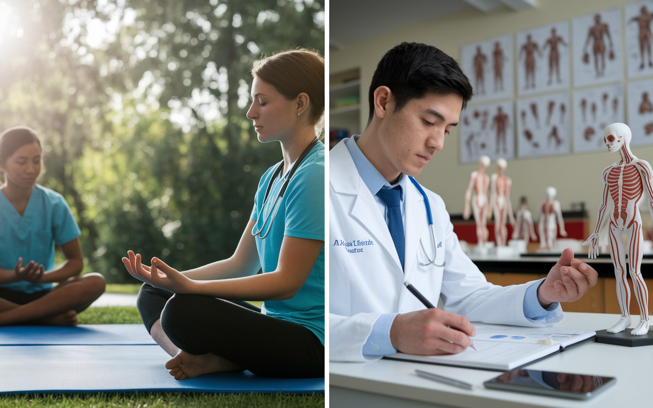 A split-image visual representing the contrasting philosophies of DO and MD education. On the left, a DO student engaged in holistic practices, incorporating mindfulness meditation and osteopathic manipulative treatment techniques with soothing, natural light. On the right, an MD student in a laboratory environment, intensely studying disease mechanisms, surrounded by charts and models of human anatomy, with a focus on bright, clinical lighting, conveying a sense of scientific rigor.