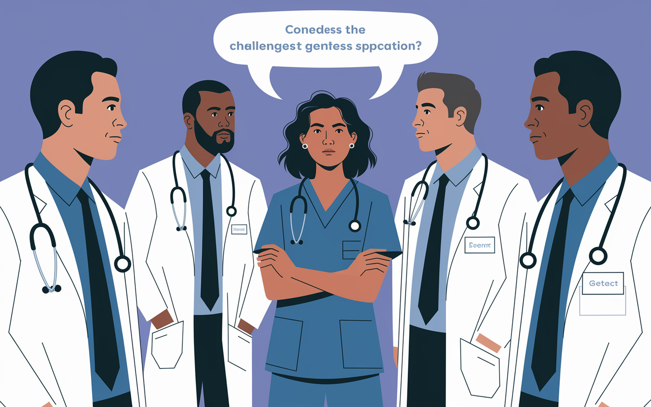 An evocative scene illustrating the cultural bias in the medical profession. A group of physicians in a hospital setting having a conversation, with one physician showing skepticism towards a DO intern, who is standing confidently and advocating for their expertise. The contrasting expressions reflect the challenges DOs face in gaining acceptance in certain specialties, framed by a clinical background that evokes the tension of the situation.