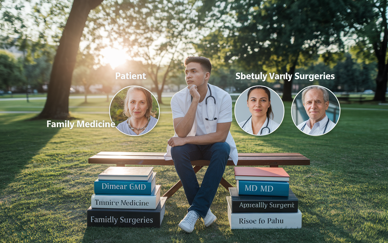 A thoughtful scene of a medical student contemplating their future. In a park with a serene atmosphere, the student sits on a bench surrounded by books depicting both DO and MD paths. The sun is setting, casting a warm glow, as the student reflects on their passions for patient care, with images of family medicine and specialty surgeries subtly overlaying the background.