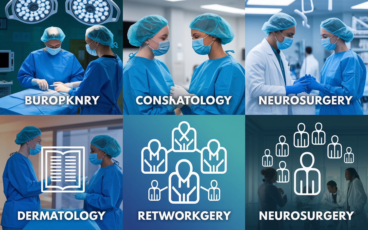 A collage of representative images for top competitive medical specialties, including an operating room for Orthopedic Surgery, a consultation room for Dermatology, and a neurosurgery table. The images are vibrant and detailed, showing medical professionals in action, with an energetic atmosphere that conveys the rigorous yet rewarding nature of these fields. Each section of the collage includes symbols representing research and networking, like a journal, a networking event scene, and mentorship conversations.