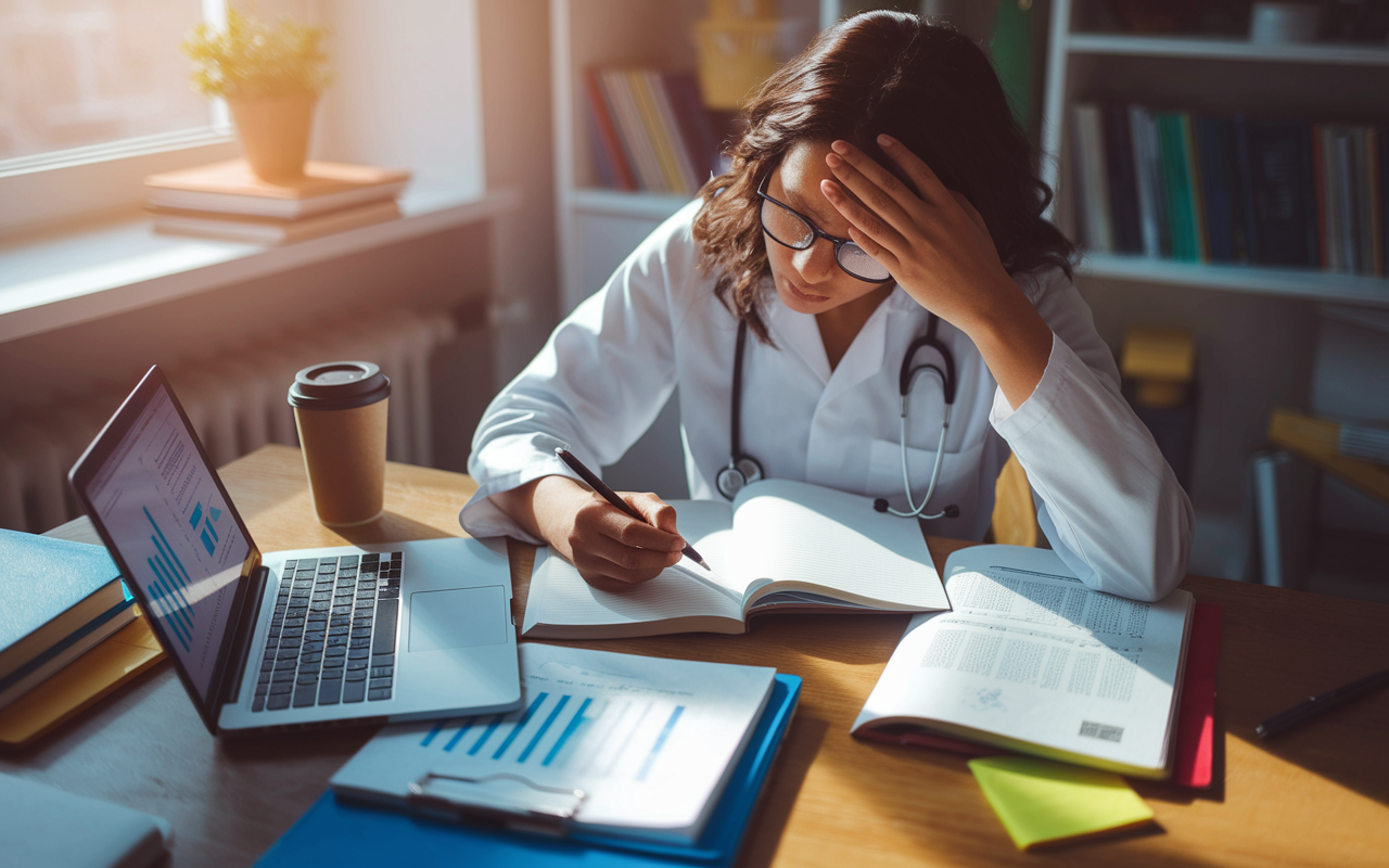 A determined medical student in an organized study space filled with textbooks and notes on the USMLE, engaging in intense study with a laptop open, displaying graphs and statistics. The room is warmly lit, with sunlight streaming through a window accentuating the focus on the student. Details like a coffee cup and sticky notes highlight the stress and dedication of preparing for competitive specialty applications.