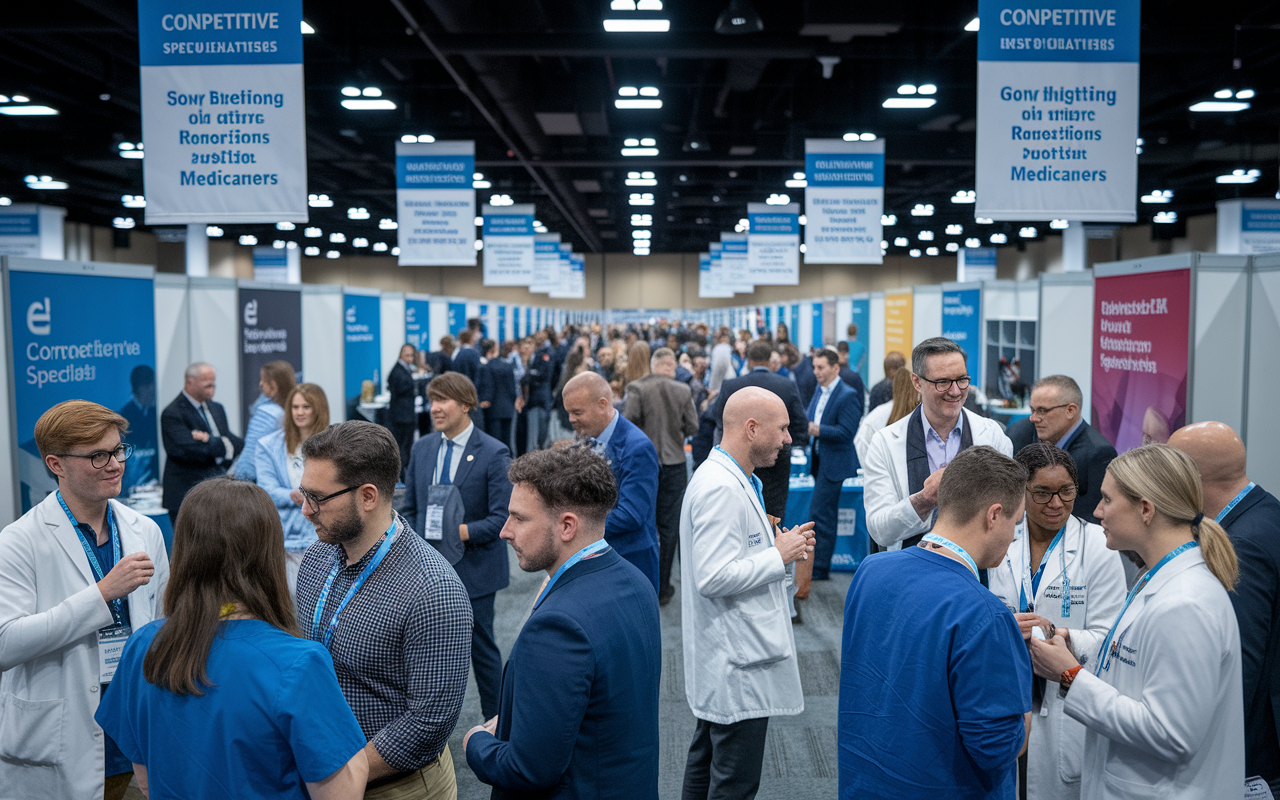 A lively medical conference scene where aspiring medical residents engage with seasoned physicians and mentors. The atmosphere is dynamic, with booths displaying various specialties, groups of attendees networking, and discussions taking place. The lighting is bright and welcoming, showcasing banners of competitive specialties while conveying the importance of connections in advancing medical careers.