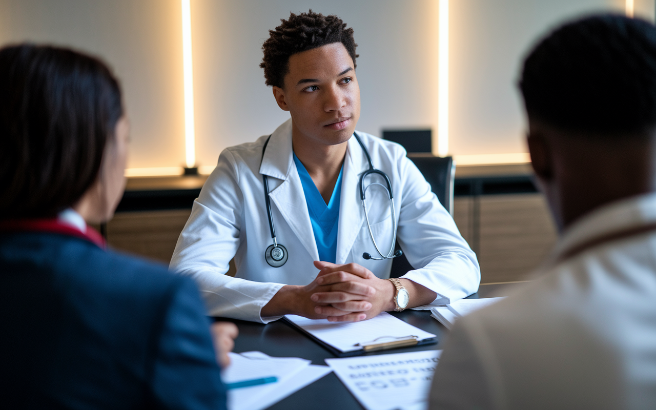 A focused medical candidate engaged in a mock interview session with a panel of interviewers, showcasing a confident demeanor. The setting is a modern interview room with soft lighting, prompting a serious yet encouraging atmosphere. Notes and feedback forms are visible on the table, capturing the essence of preparation and professionalism in securing a position in a competitive specialty.