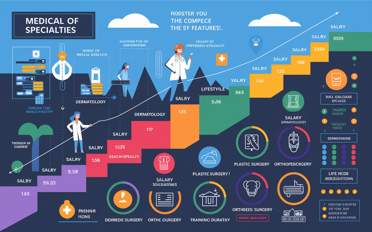 A visually engaging infographic depicting the landscape of medical specialties. The design includes charts and graphs illustrating the number of residency slots versus the number of applicants for the top competitive fields like Dermatology, Plastic Surgery, Orthopedic Surgery, and others. Each section is brightly colored with icons representing key features: salary, lifestyle, demand for each specialty, and training duration. The atmosphere is dynamic and educational, giving a clear picture of the competitive nature in the medical residency landscape.